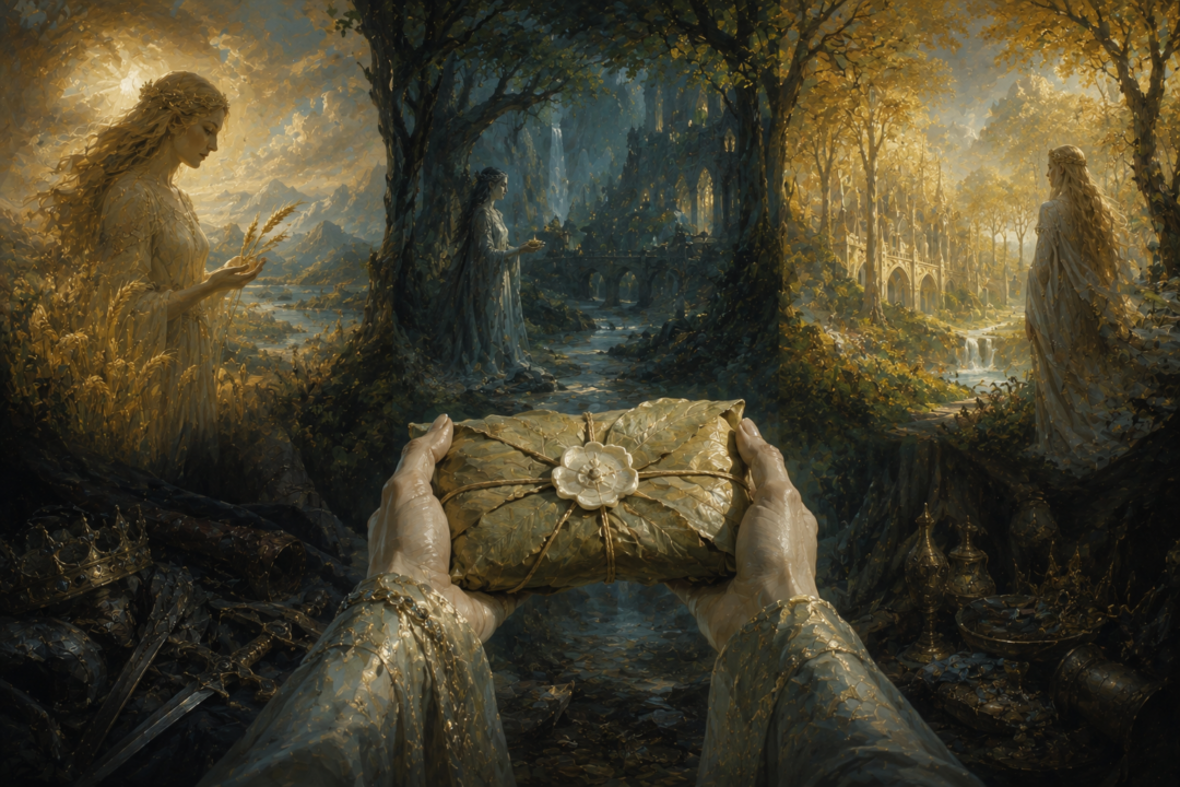 Symbolic depiction of lembas stewardship linking Yavanna, Melian, and Galadriel across the ages of Middle-earth.