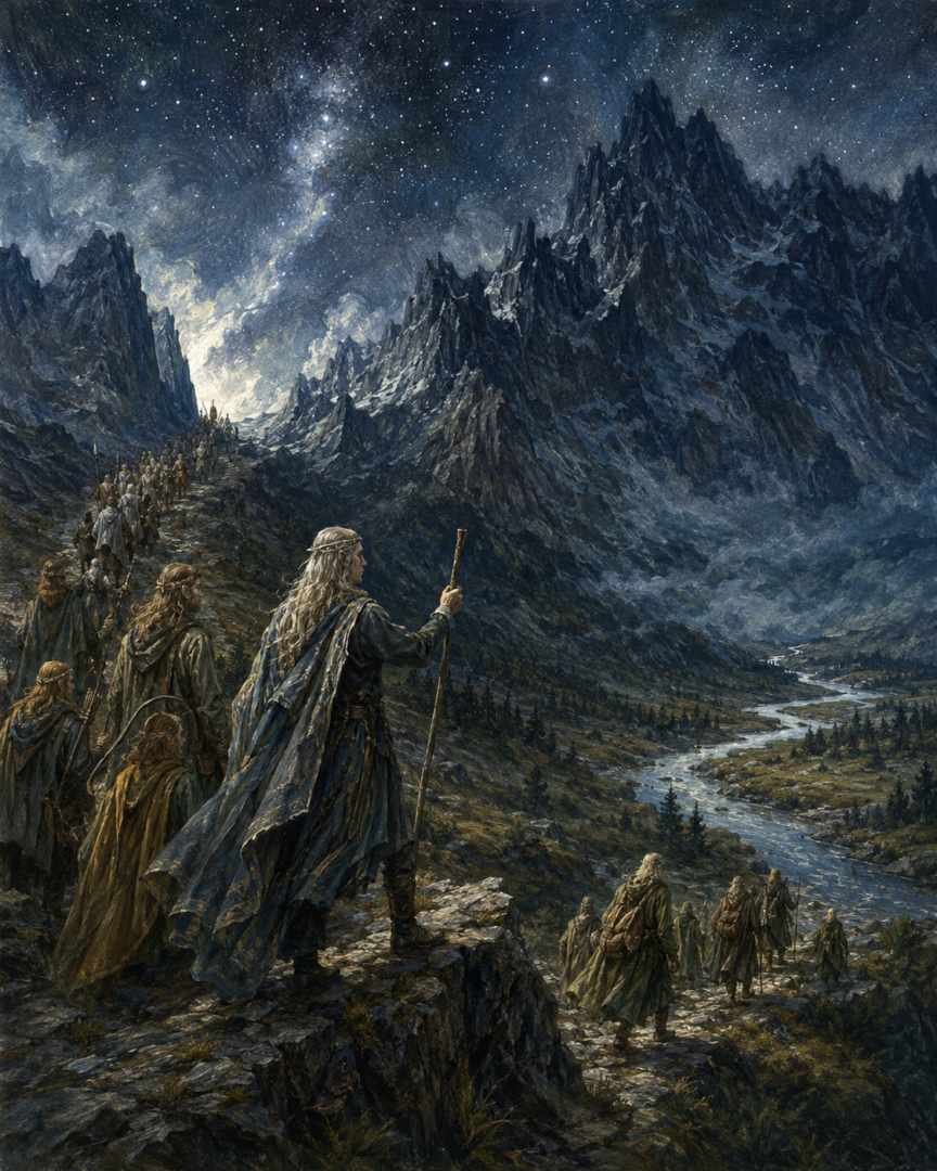 Lenwë leading part of the Teleri south beside Anduin after turning away from the Great Journey at the Misty Mountains