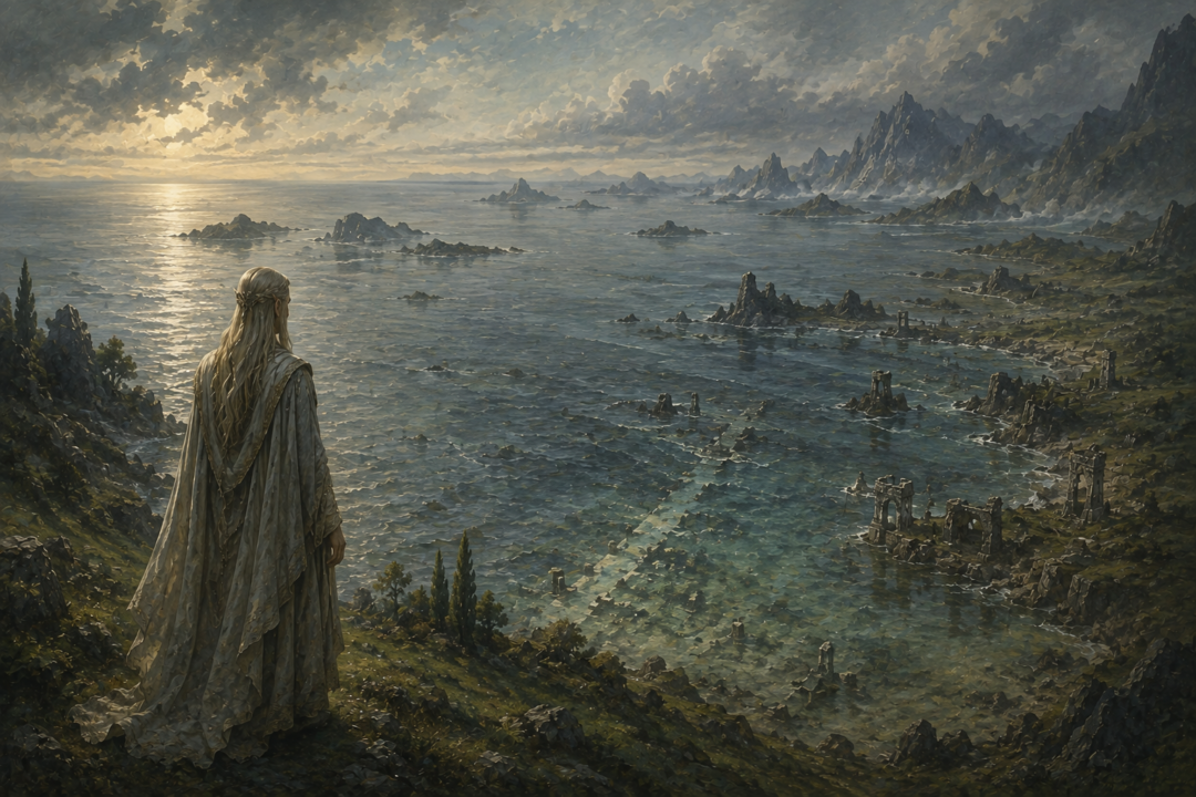 An Elf in surviving Lindon looking across the sea that covers most of the former lands of Beleriand.