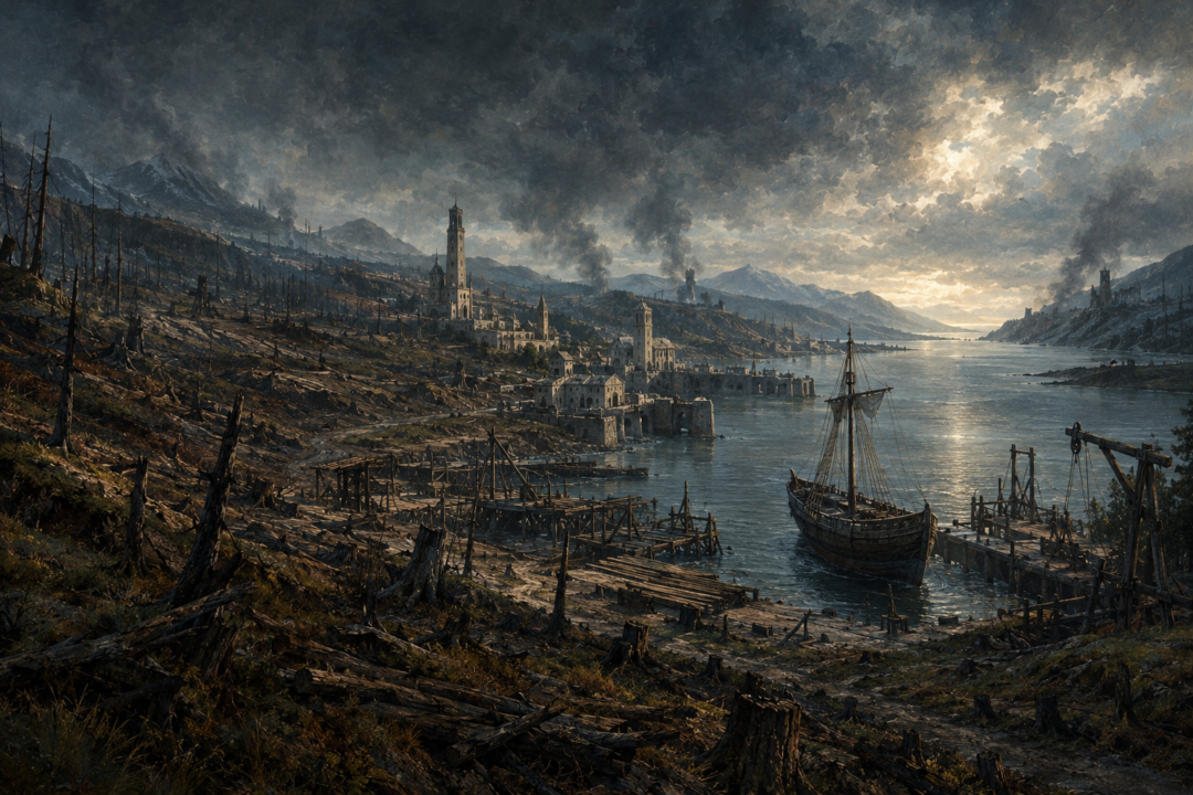 Lond Daer and its shipyards surrounded by devastated forests after warfare and extensive timber cutting in the Second Age.