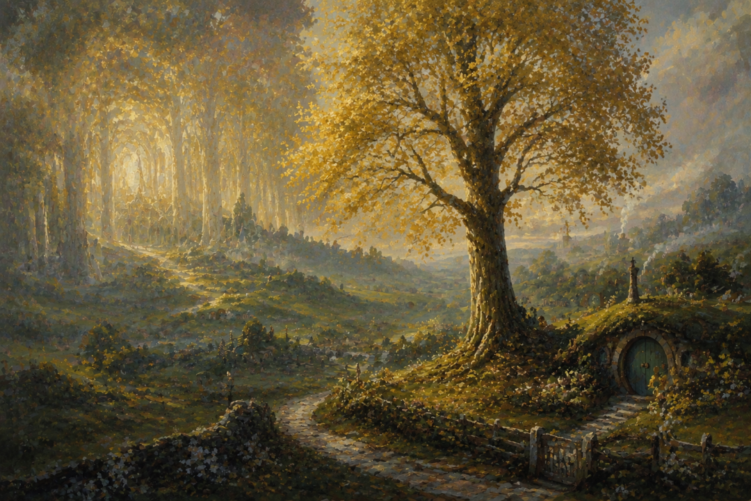 A symbolic connection between the fading golden woods of Lórien and the new mallorn tree in the Shire