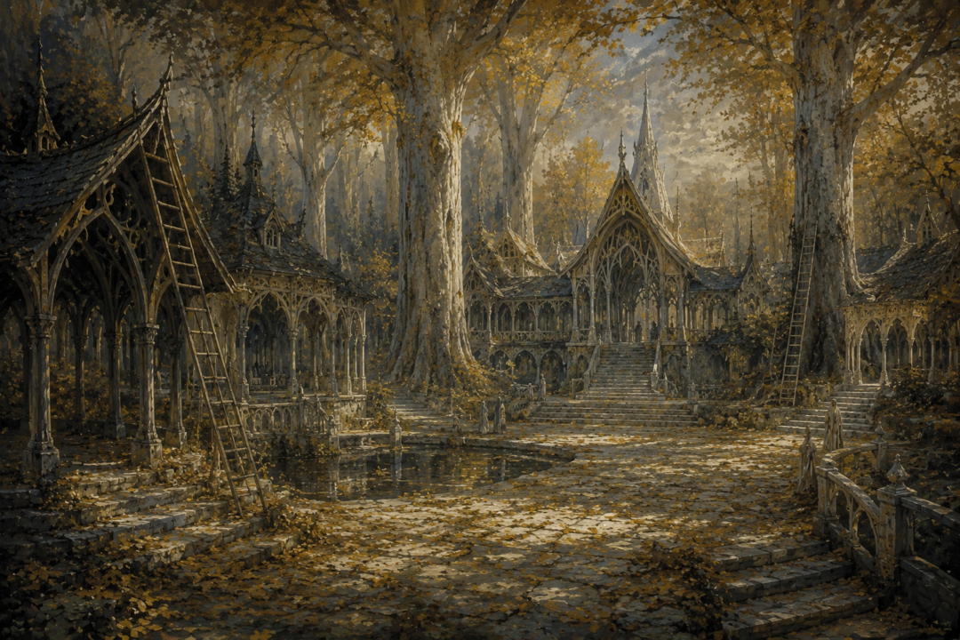 The fading city of Caras Galadhon in Lothlórien after Galadriel's departure