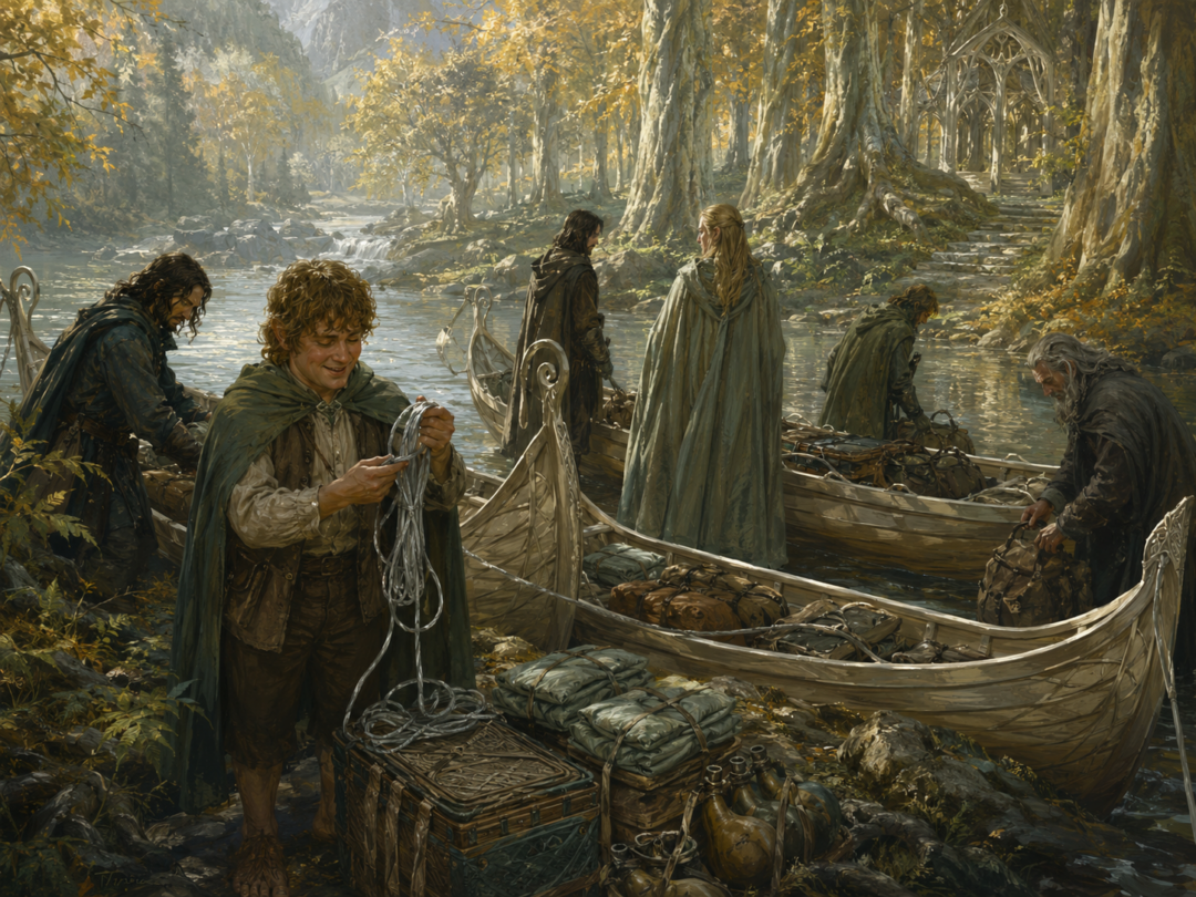 The Fellowship loads Lembas, packs, Elven rope, and other supplies into three boats on the Silverlode.
