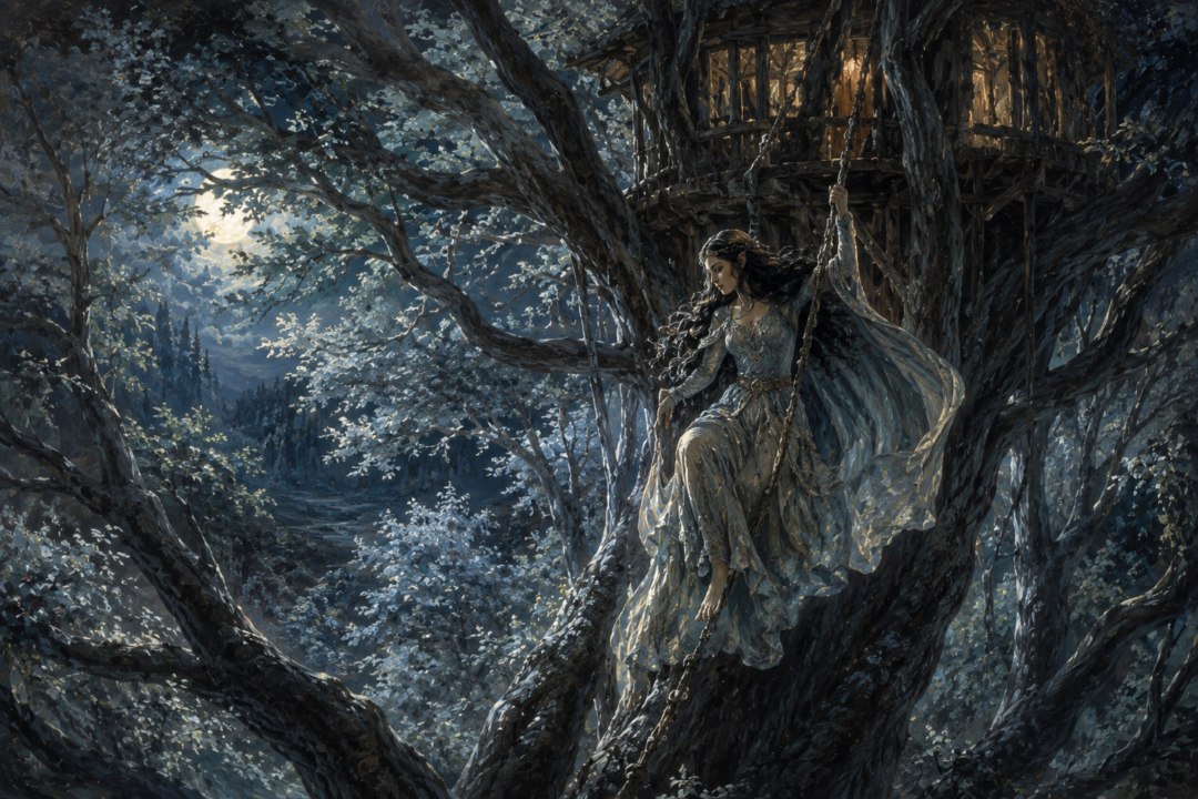 Lúthien escaping from Hírilorn in Doriath after being confined while Beren pursues the Silmaril