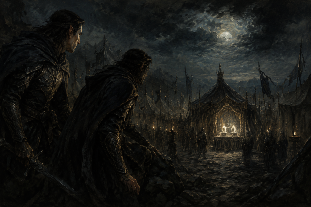 Maedhros and Maglor approaching the guarded Silmarils in Eönwë's camp after the War of Wrath.