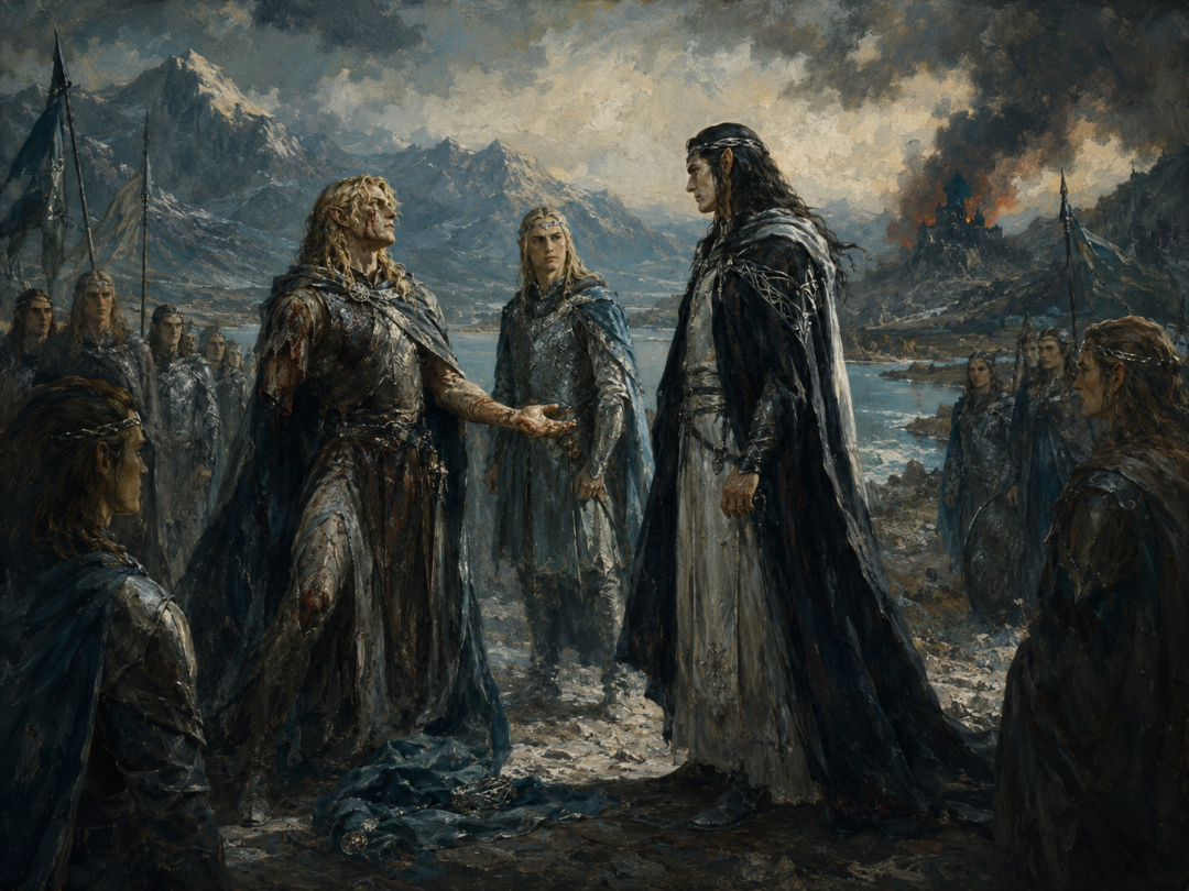 Maedhros relinquishing his claim to the Noldorin kingship before Fingolfin and Fingon at Mithrim.
