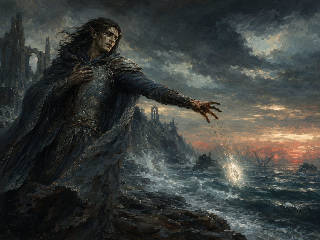 Maglor casting the burning Silmaril into the Sea at the end of the First Age.
