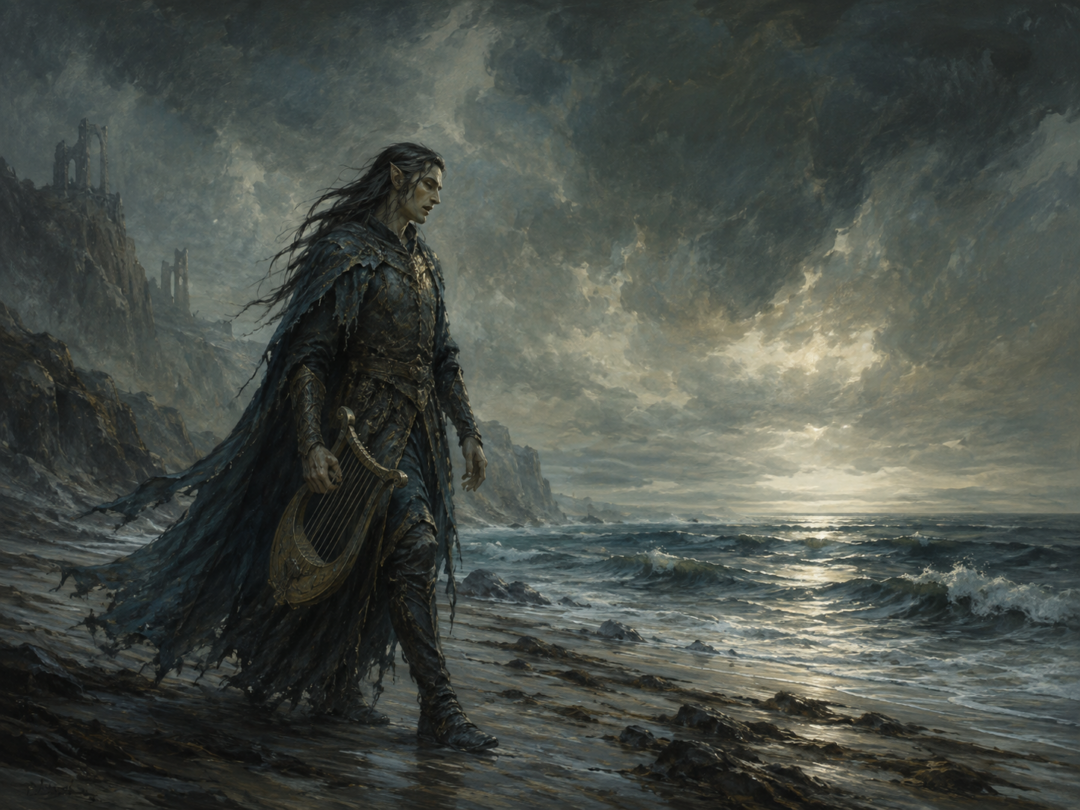 Maglor wandering alone beside the waves after casting his Silmaril into the Sea.