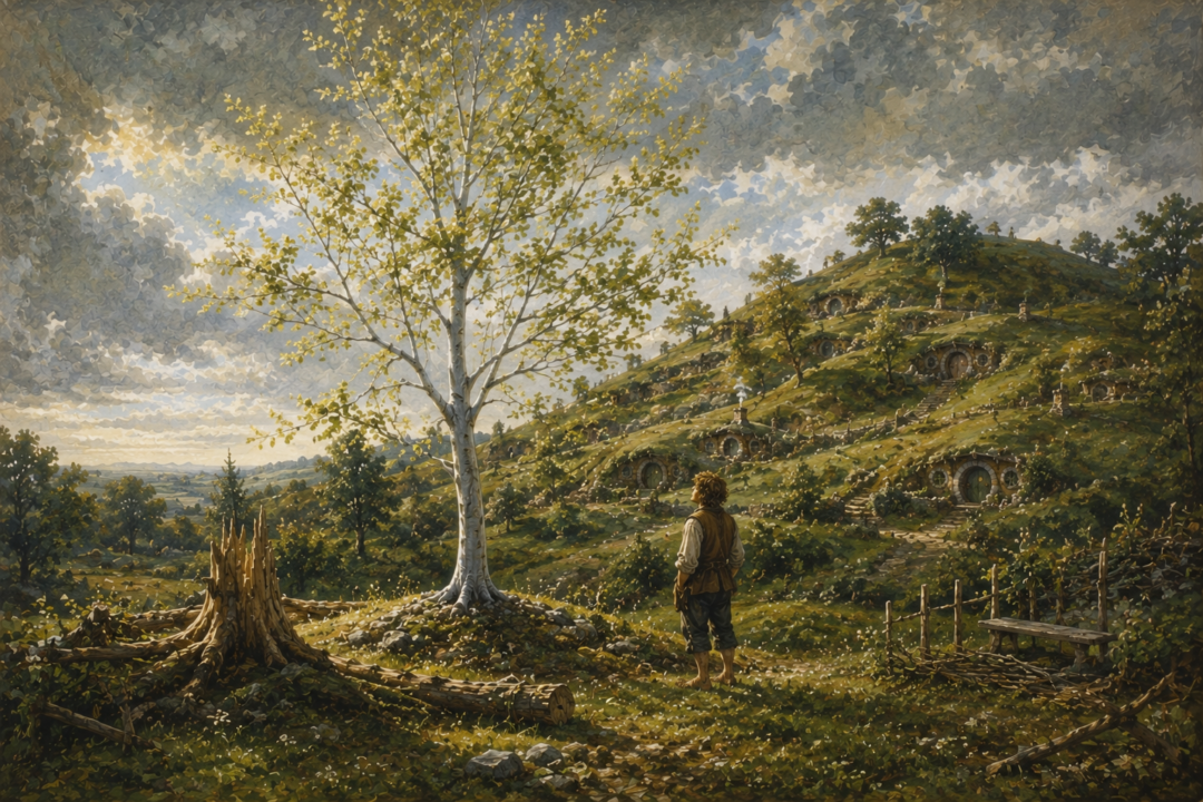 A young mallorn growing in the Party Field as Samwise watches the Shire begin to recover