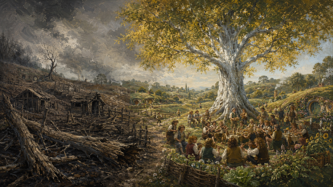 Symbolic contrast between Sharkey's destruction of the Shire and the flourishing mallorn of its restoration.