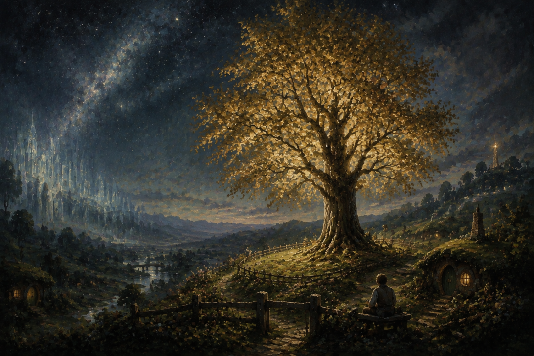 The mallorn tree in Hobbiton representing the passing of the Third Age and hope for the future