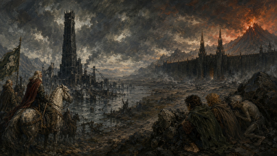 Théoden at ruined Isengard while Frodo and Sam face the distant Black Gate on the same day