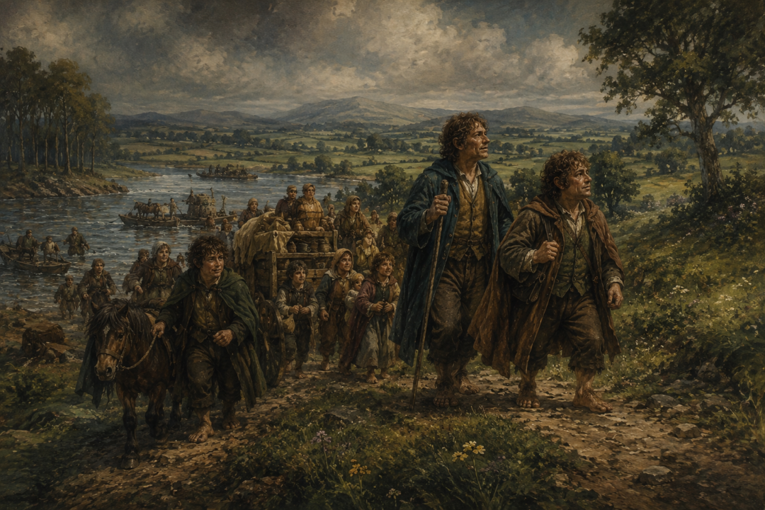 Marcho and Blanco lead Hobbit settlers across the Baranduin into the future Shire in Third Age 1601.
