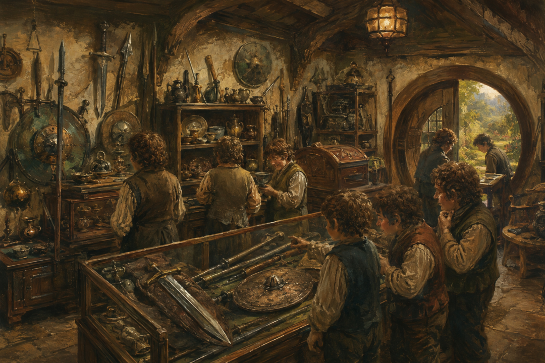 Hobbits examining old weapons and heirlooms preserved inside the Mathom-house at Michel Delving.