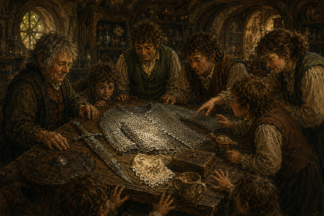 Hobbit heirlooms, an old weapon, and Bilbo's mithril coat preserved together as symbols of shared memory in the Shire.