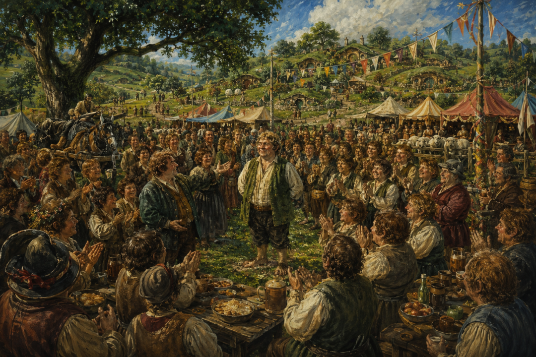 Hobbits gathering at the Free Fair on the White Downs for the election of the Mayor of Michel Delving.