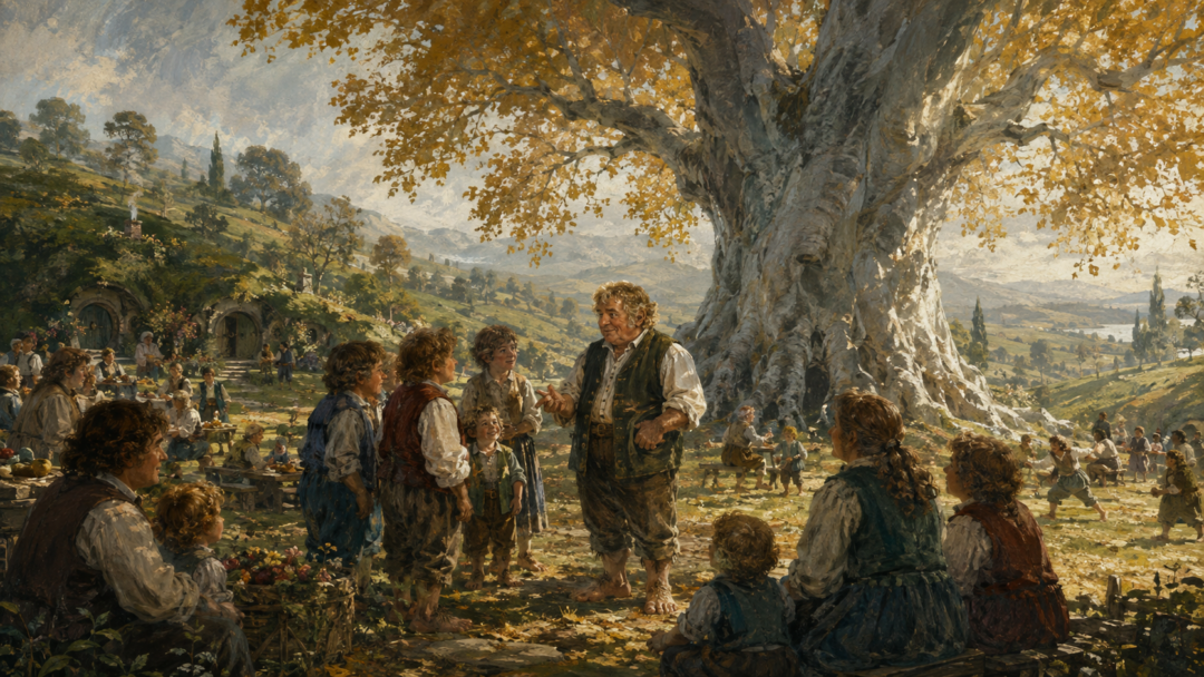 An older Samwise Gamgee among hobbits beneath the mature mallorn during the peaceful Fourth Age.