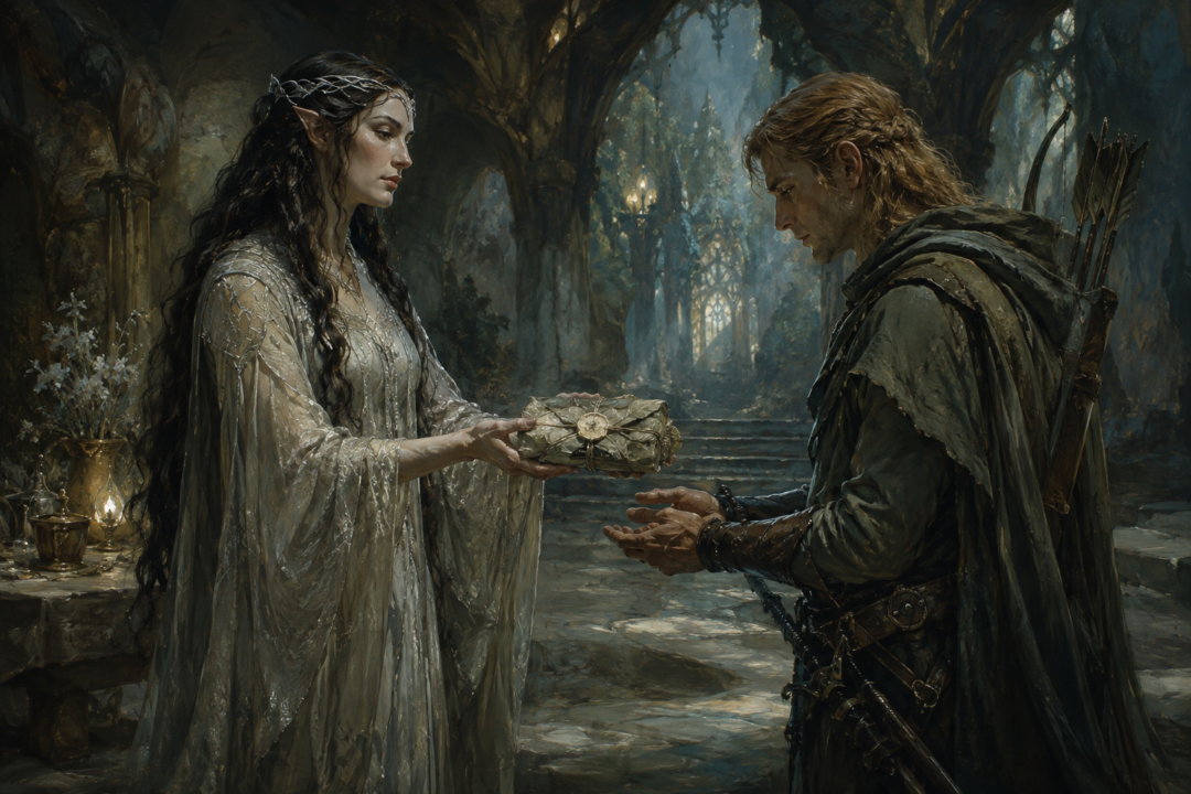 Melian entrusts Beleg with leaf-wrapped lembas before his return to Túrin in the wild.