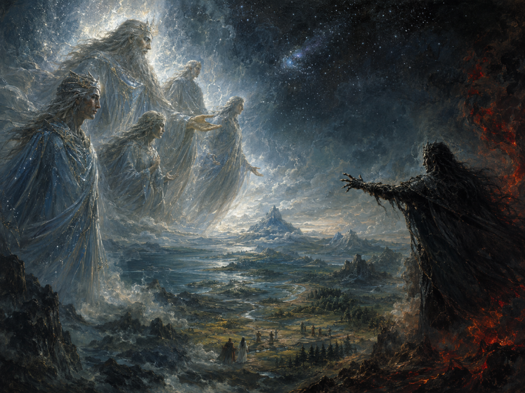 Radiant Ainur regard the Children of Ilúvatar with wonder while Melkor reaches toward them with a desire for domination.