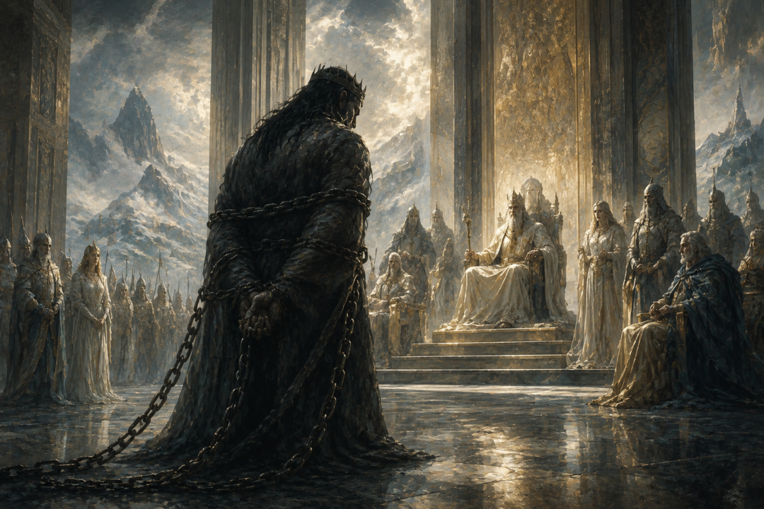 Melkor chained before the Valar prior to his first imprisonment in the Halls of Mandos