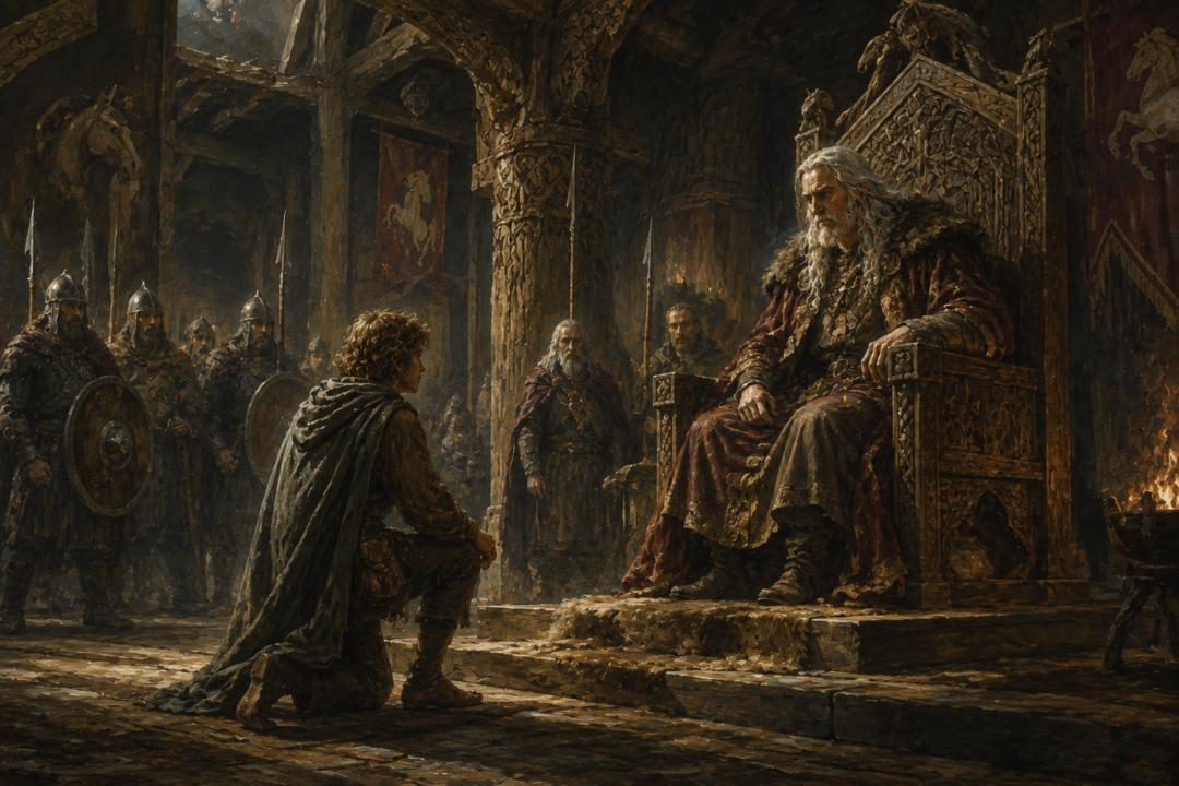 Merry Brandybuck offering his service to King Théoden of Rohan