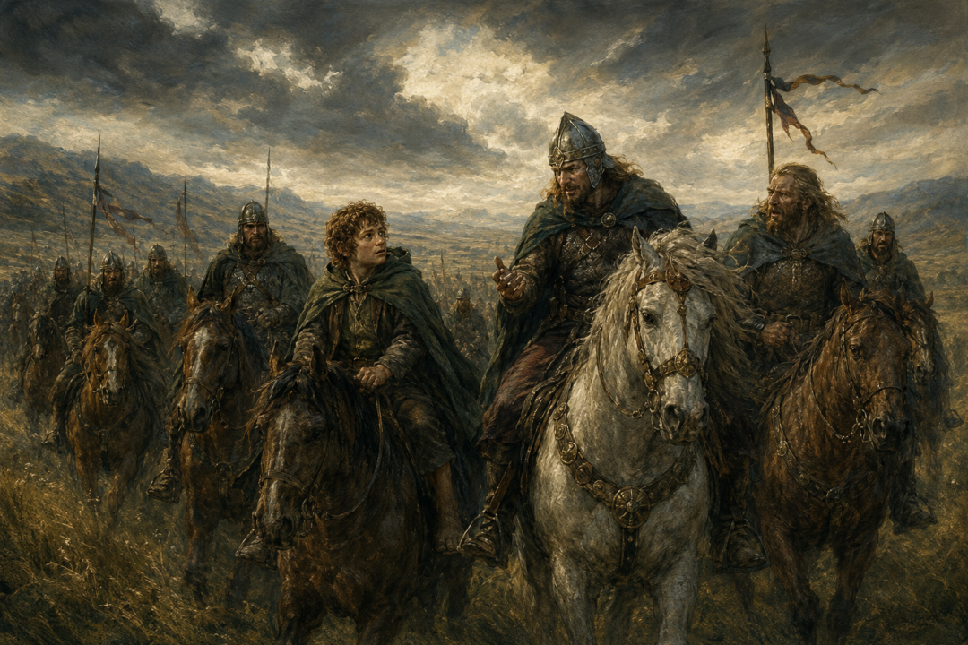 Merry rides among the Rohirrim while listening to their strangely familiar but largely incomprehensible language.