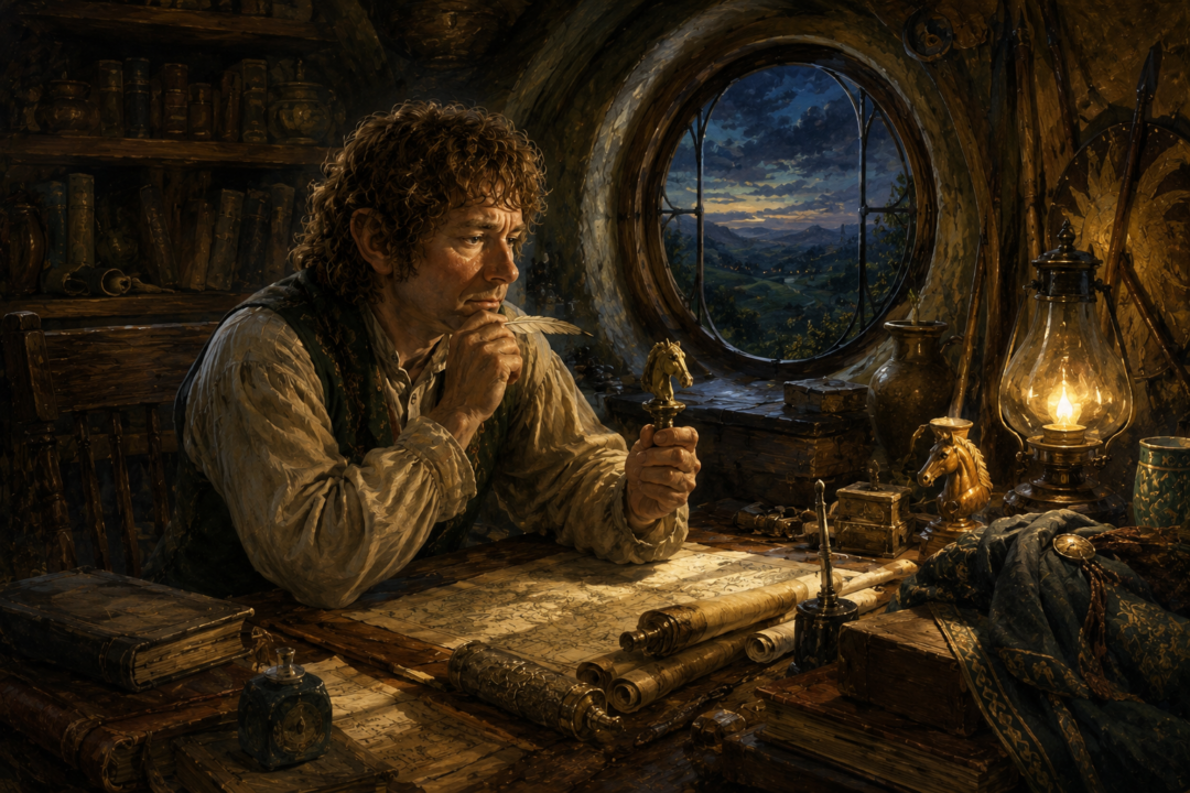 Meriadoc Brandybuck studies old Shire words and their connections to the language of Rohan.