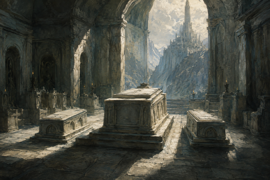 The resting places of Merry and Pippin beside King Elessar in the Houses of the Dead at Minas Tirith