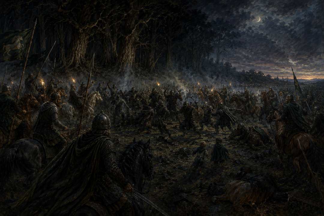 Merry and Pippin escaping toward Fangorn while the Riders of Rohan battle the surrounded Orc company.