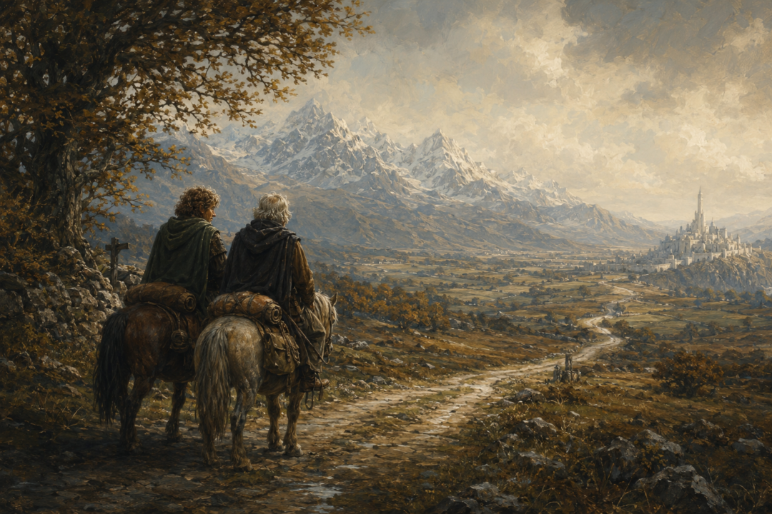 Elderly Merry and Pippin riding south toward Gondor on their final journey from the Shire
