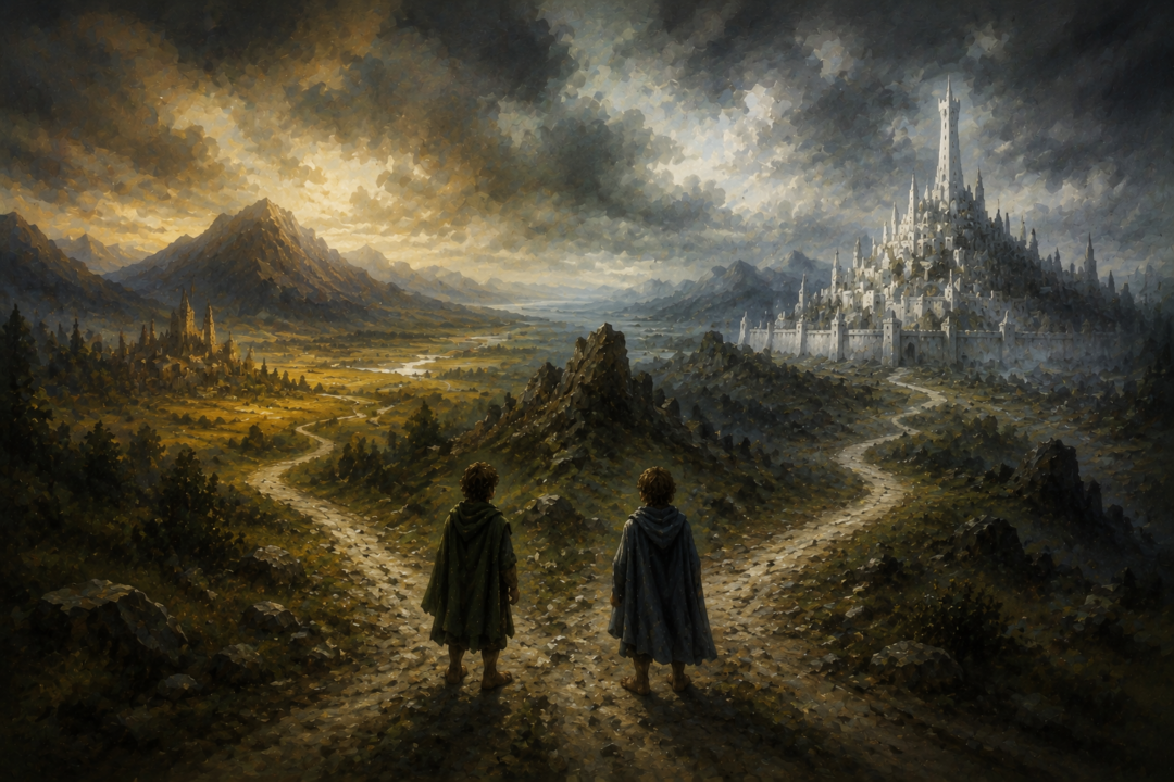 Symbolic paths showing Merry and Pippin’s different journeys through Middle-earth