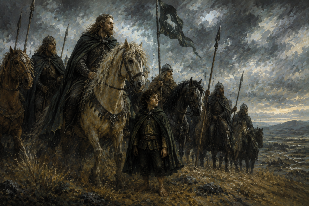 Merry standing with the Riders of Rohan before the Battle of the Pelennor Fields