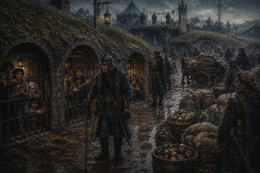 Hobbit prisoners and guarded stores inside the Lockholes of Michel Delving during Saruman's occupation of the Shire.