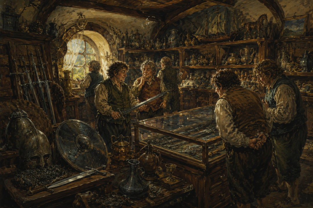 Hobbits viewing old weapons and treasured objects preserved inside the Mathom-house at Michel Delving.