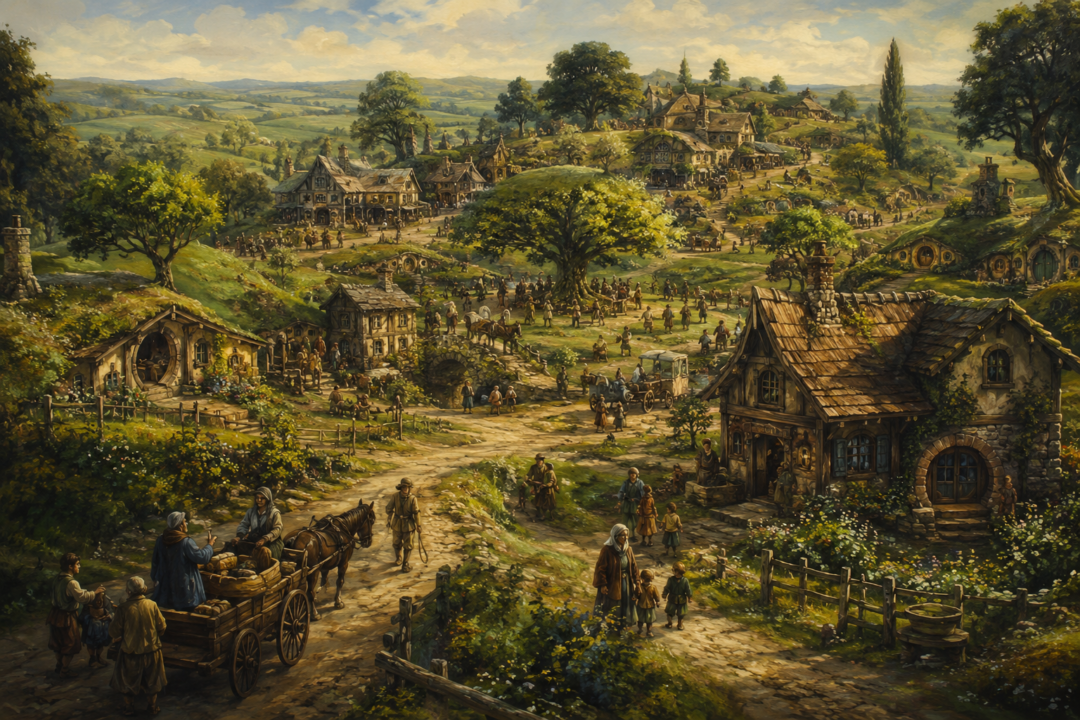 Michel Delving on the White Downs depicted as the peaceful chief township of the Shire without a royal palace.