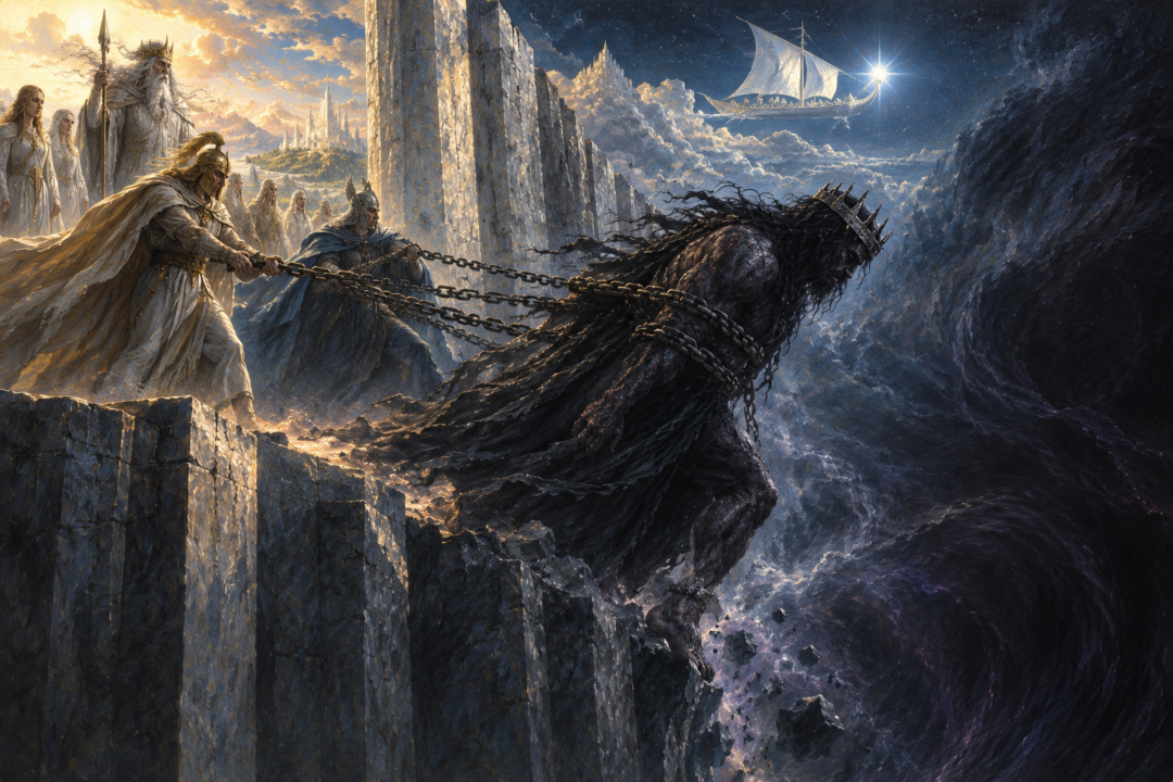Wounded Middle-earth after Morgoth's expulsion with the star of Eärendil shining over the western horizon