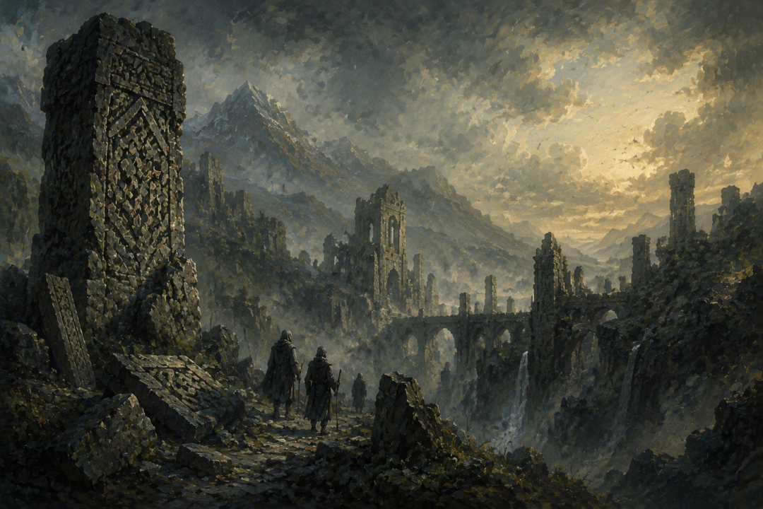 Ancient Cirth-carved stones surviving among the ruins of Middle-earth