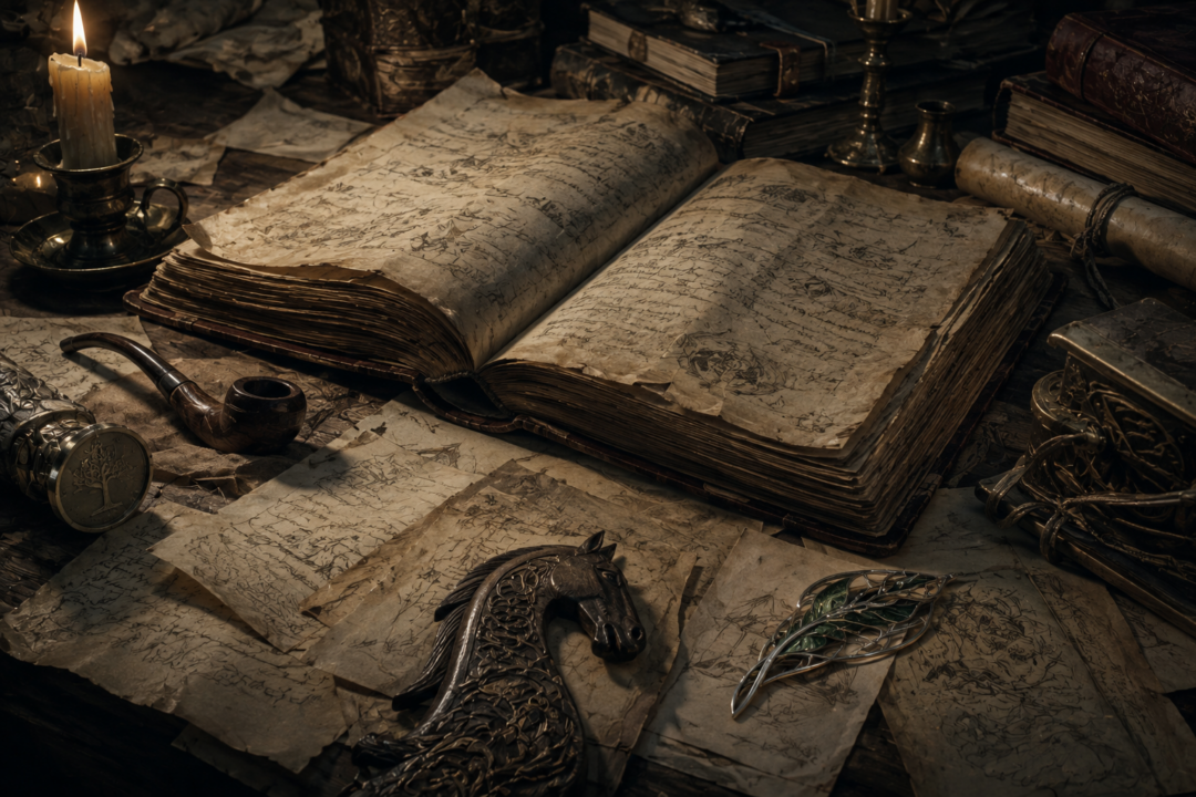 Ancient manuscript and cultural objects symbolizing the translation of Middle-earth languages and records.