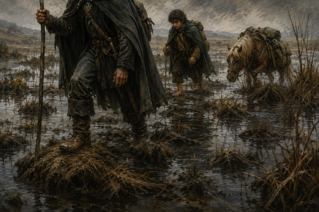 Strider tests uncertain marsh ground while a hobbit and the party's laden pony wait among pools, reeds, and tussocks.