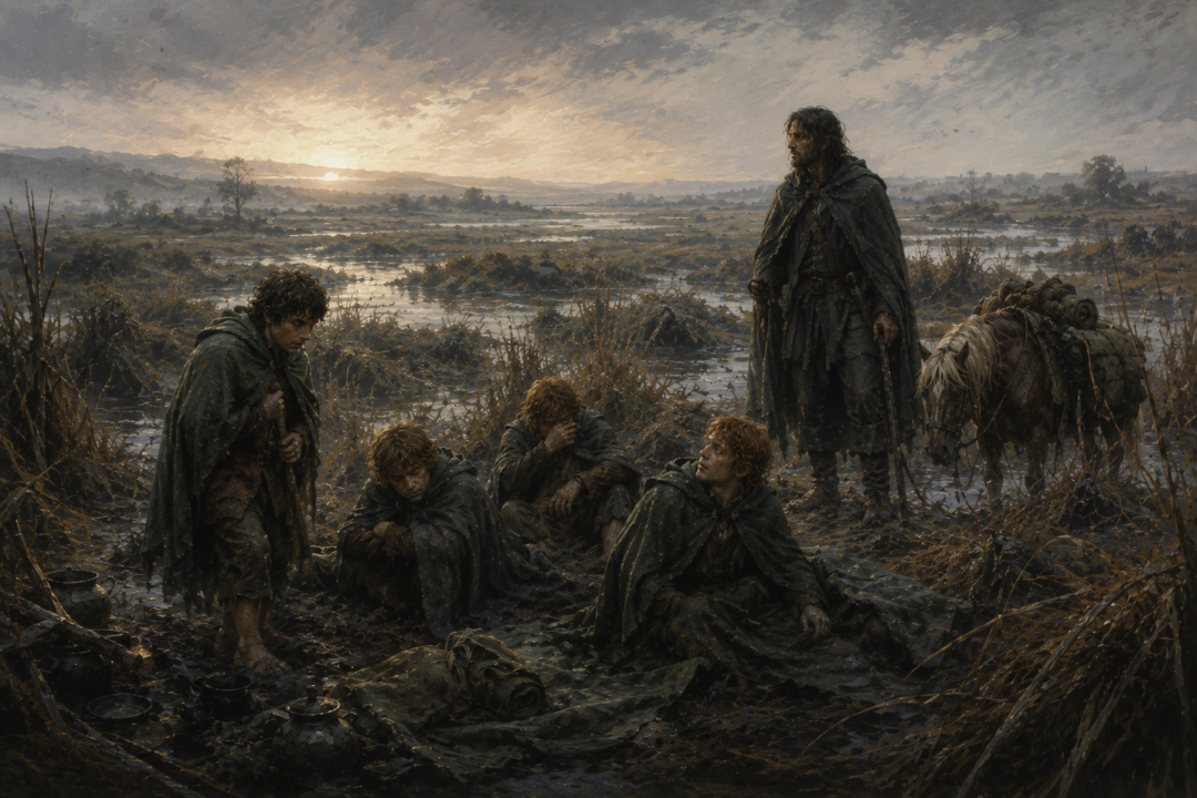 Tired hobbits prepare to continue across the misty Midgewater Marshes after a cold and sleepless night.