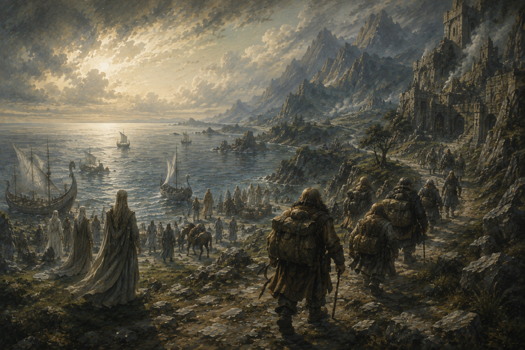 Elves, Edain, and Dwarves following different paths away from the lost world of Beleriand at the beginning of the Second Age.
