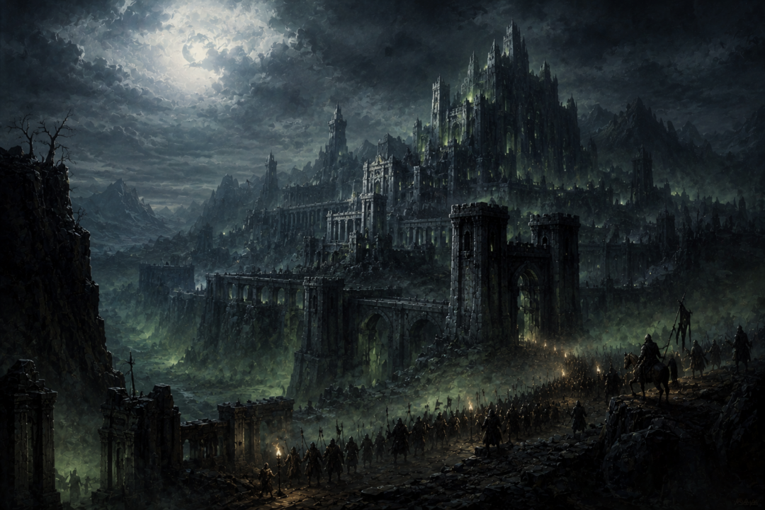 Minas Morgul showing the corrupted remains of the former Gondorian city of Minas Ithil under enemy occupation.