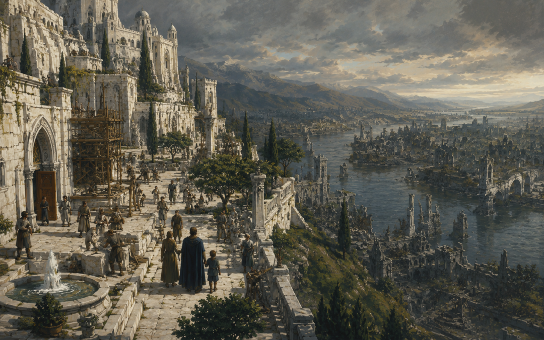 A renewed and inhabited Minas Tirith contrasted with the distant abandoned ruins of Osgiliath.