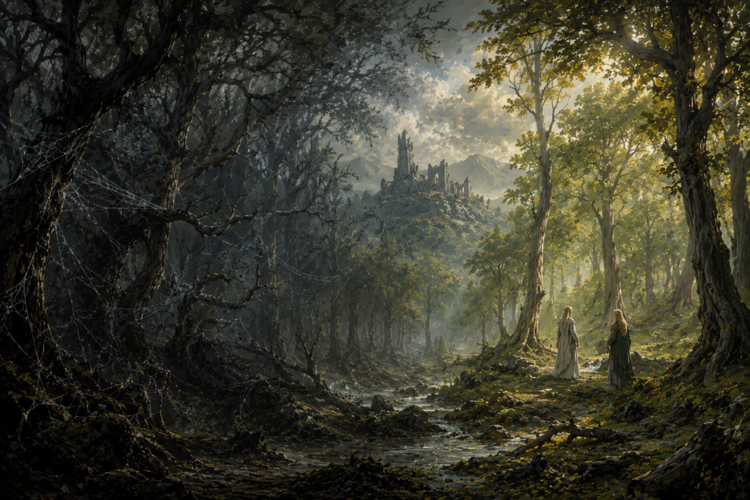 The dark corrupted forest of Mirkwood gives way to the renewed Wood of Greenleaves after the fall of Sauron.