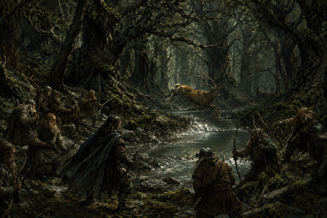 A hart leaps across the Enchanted Stream as Thorin’s company encounters elusive deer deep within Mirkwood.