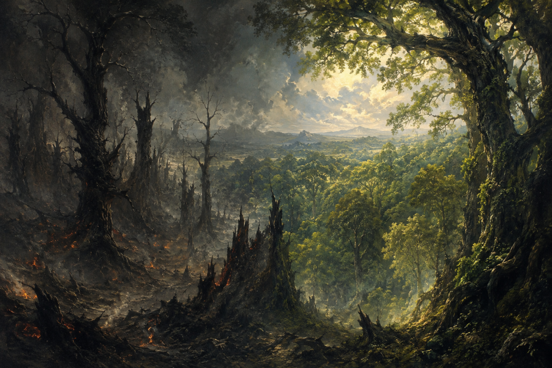 Ancient Mirkwood emerging from shadow and burned woodland into the restored green forest of Eryn Lasgalen