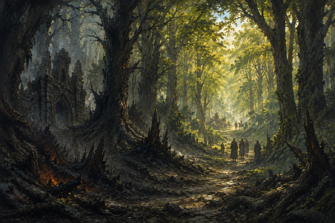 Forest path leading from the burned shadows of Mirkwood toward the green restored woodland of Eryn Lasgalen