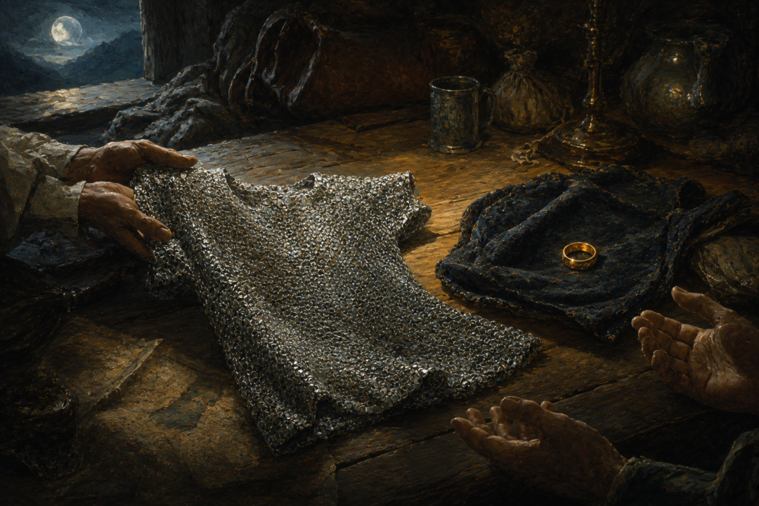 The freely given mithril coat contrasted with the One Ring as two very different forms of precious possession.