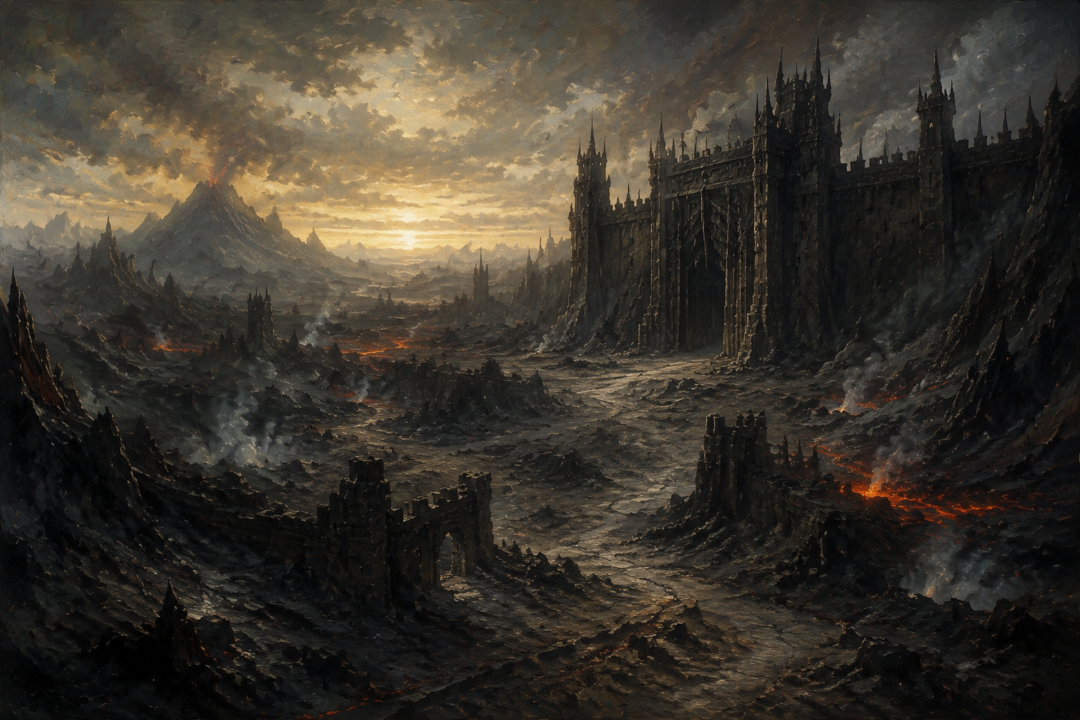 The Black Gate and ruined landscapes of Mordor after Sauron's defeat