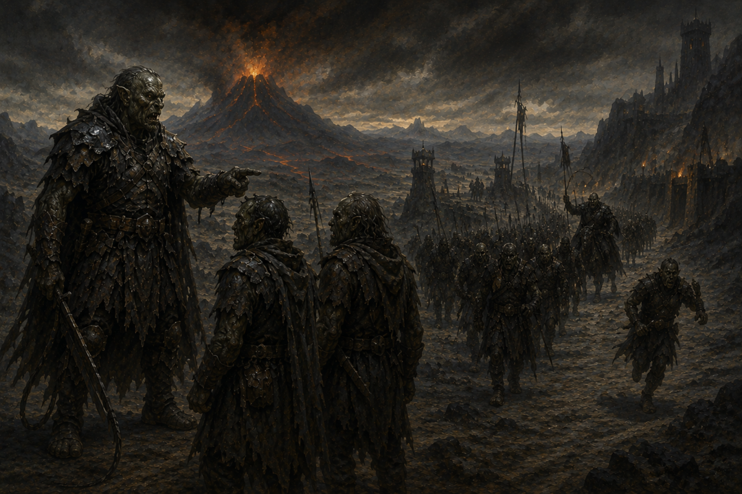 An Uruk captain questioning suspicious Orcs as organized companies march through Mordor toward Udûn.